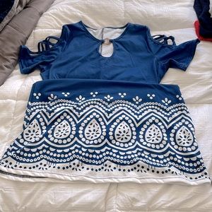 Blue body fit and flare dress with white detail